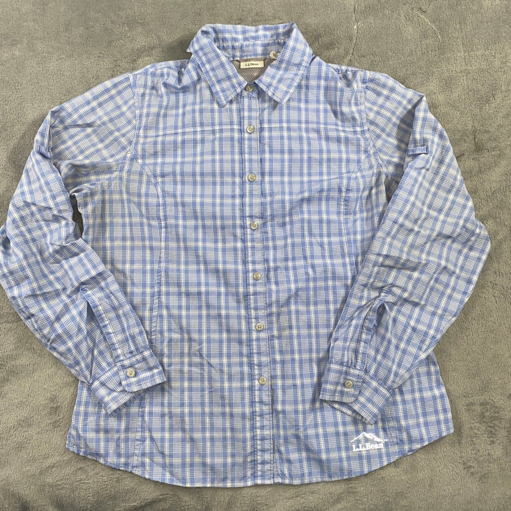 LL Bean Hiking Shirt Womens M Blue Plaid Technical Long Sleeve 289463 Button Up